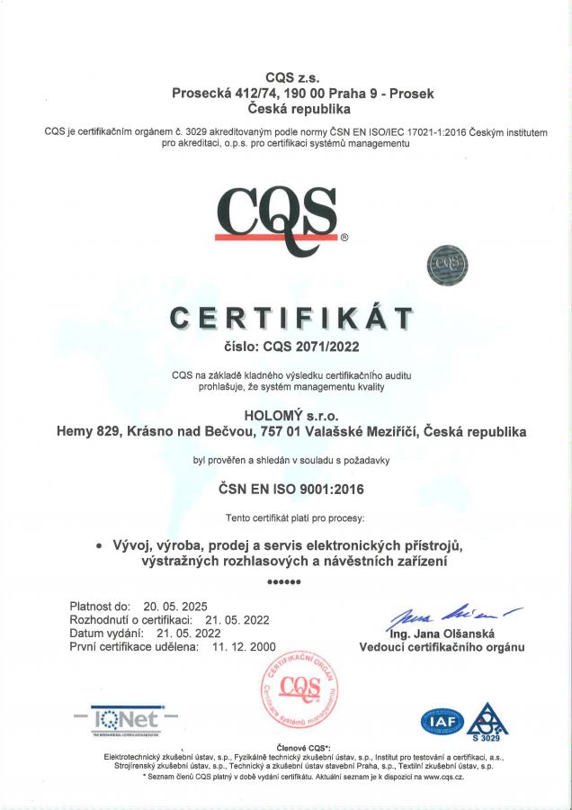 Holomý - Certifikáty